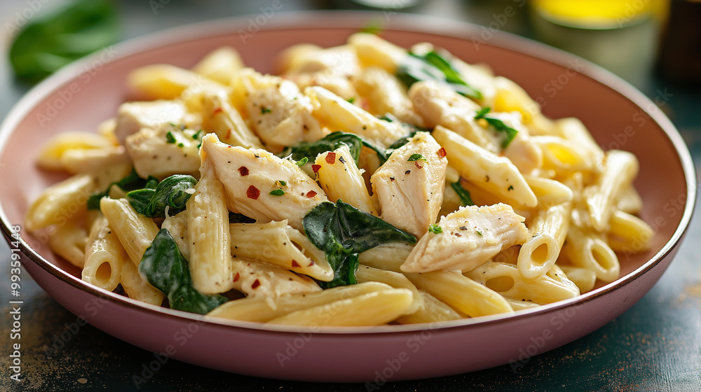 Creamy Chicken and Spinach Pasta in a pink plate on a dinner table. The chicken is diced. The pasta is penne pasta. Creamy Chicken and Spinach Pasta in a pink plate on a dinner table. The chicken is diced. The pasta is penne pasta.