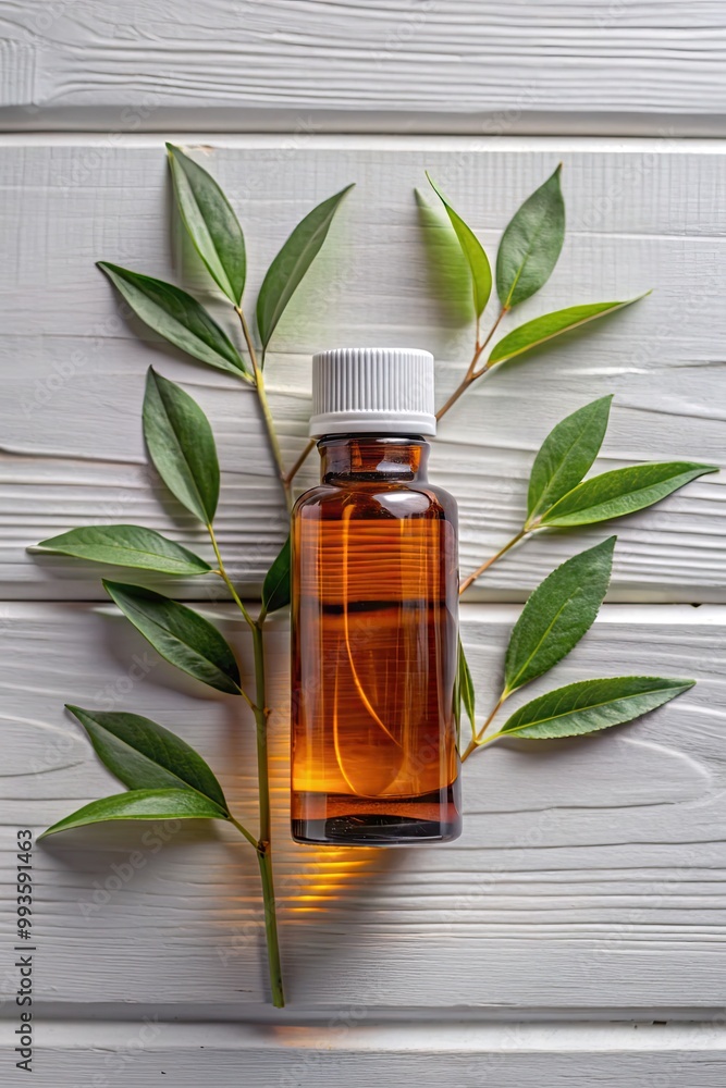 Essential oil bottle amidst fresh eucalyptus leaves. Essential oil bottle amidst fresh eucalyptus leaves.