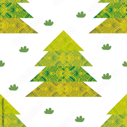 Christmas Holiday,Pine tree seamless pattern.Beautiful Scandinavian woodland folk design.Geometric ornament.Abstract green texture background.Nature forest illustrationfor print decor,wallpaper photo