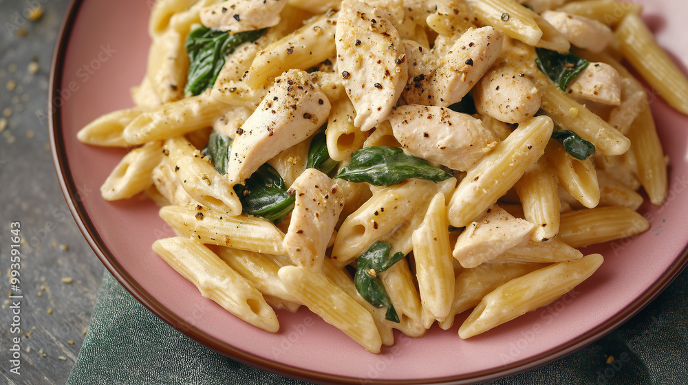 Creamy Chicken and Spinach Pasta in a pink plate on a dinner table. The chicken is diced. The pasta is penne pasta. Creamy Chicken and Spinach Pasta in a pink plate on a dinner table. The chicken is diced. The pasta is penne pasta.