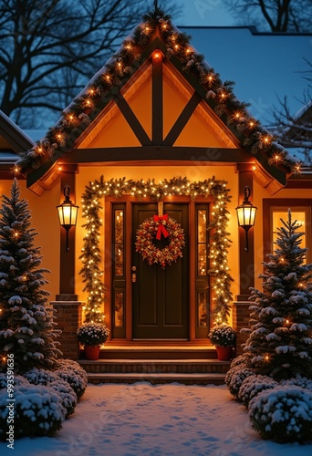 A beautifully decorated holiday entrance with lights and plants