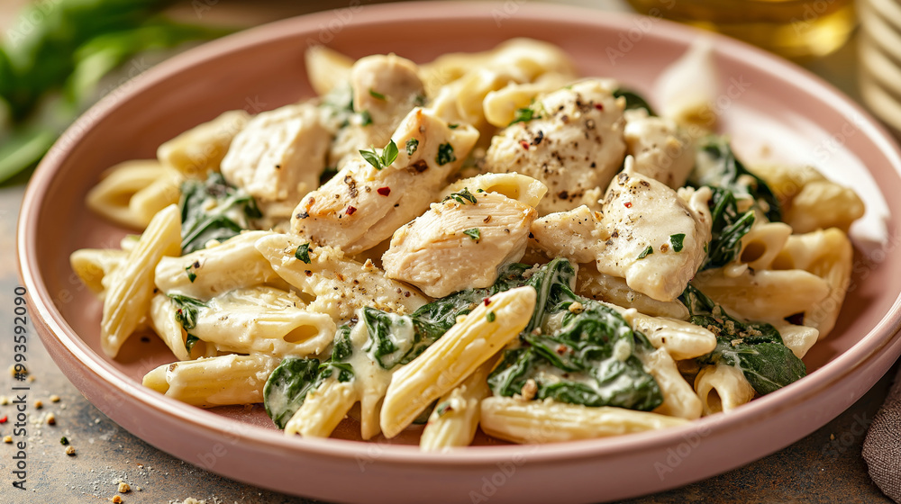 Creamy Chicken and Spinach Pasta in a pink plate on a dinner table. The chicken is diced. The pasta is penne pasta. Creamy Chicken and Spinach Pasta in a pink plate on a dinner table. The chicken is diced. The pasta is penne pasta.