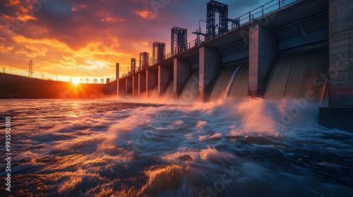Beautiful view of the dam in the river at sunset, hydraulic works.