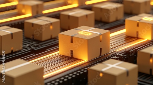 Packages on Glowing Conveyor Belt in Warehouse