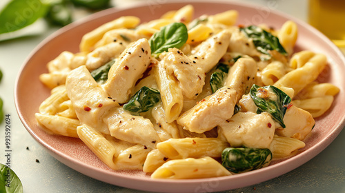 Creamy Chicken and Spinach Pasta in a pink plate on a dinner table. The chicken is diced. The pasta is penne pasta.