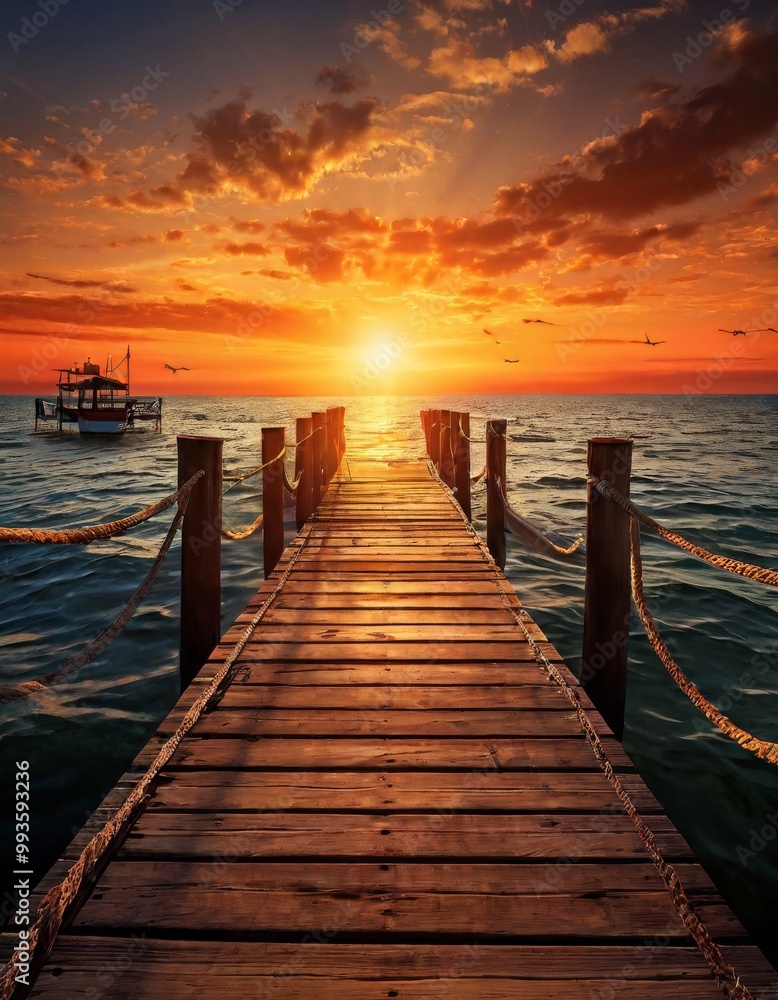 Obraz premium A tranquil scene of a wooden pier extending into calm ocean waters during a beautiful sunset. The glowing sky reflects in the peaceful sea, creating a moment of serenity and quietude.. AI Generation