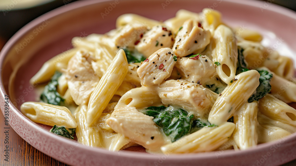 Creamy Chicken and Spinach Pasta in a pink plate on a dinner table. The chicken is diced. The pasta is penne pasta. Creamy Chicken and Spinach Pasta in a pink plate on a dinner table. The chicken is diced. The pasta is penne pasta.