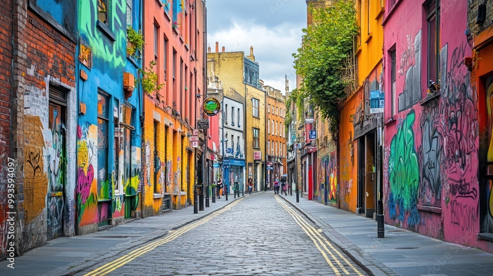 Fototapeta premium Vibrant street art adorns colorful buildings in a lively urban alleyway.