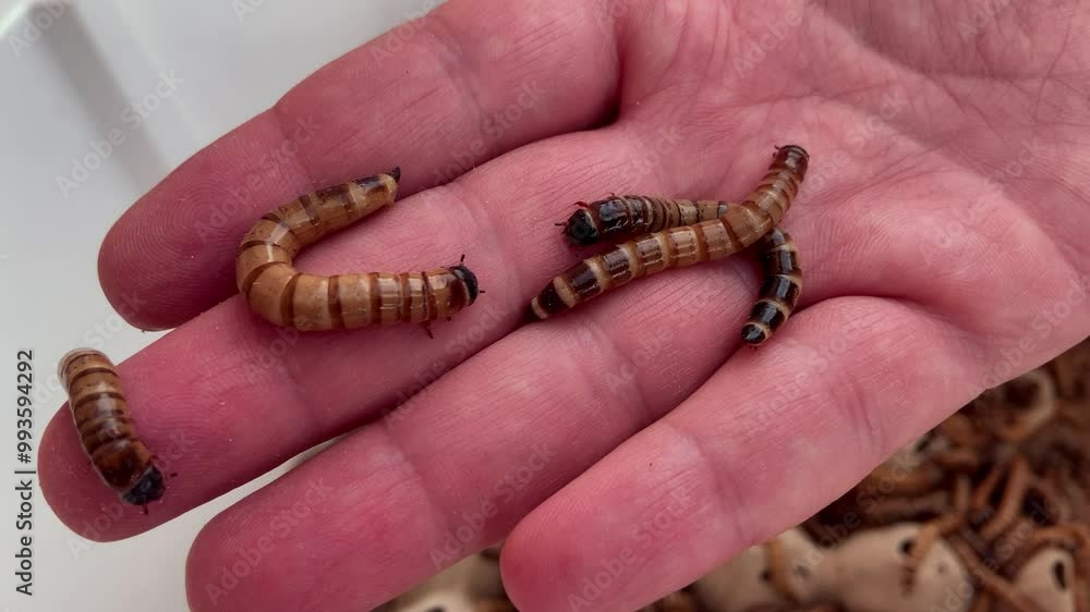 close up shot of palm of hand with mealworms on it close up shot of palm of hand with mealworms on it