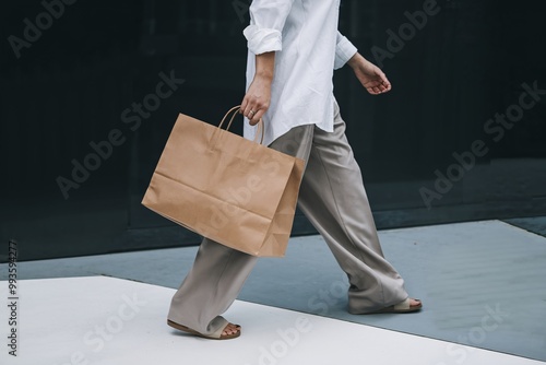 Stylish Shopper: A woman strolls confidently, carrying a large kraft paper shopping bag, showcasing effortless style and modern consumerism.