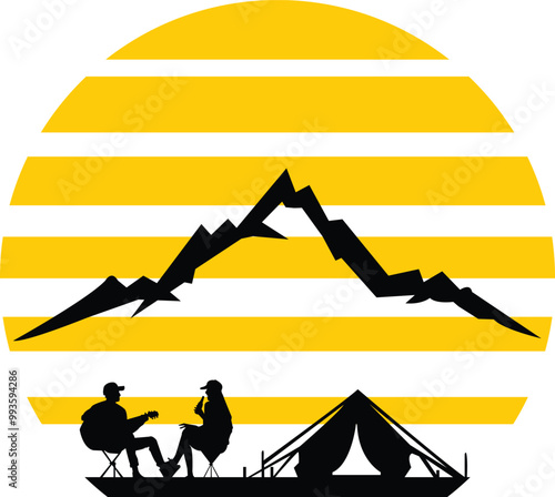 Young adult Asian couple playing guitar and drinking beer beside their tent backside mountain view campsite while sunset vectors illustrations.