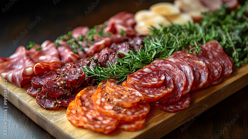 Charcuterie board with an assortment of cured meats, pepperoni, salami, prosciutto garnished with rosemary Charcuterie board with an assortment of cured meats, pepperoni, salami, prosciutto garnished with rosemary