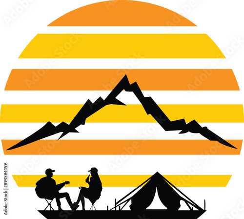 Young adult Asian couple playing guitar and drinking beer beside their tent backside mountain view campsite while sunset vectors illustrations.