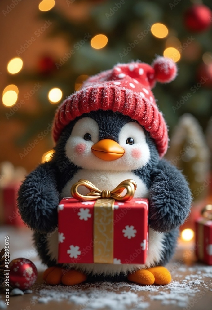 A cute, happy penguin with wrapped present, surrounded by festive decor and warm lighting. Creative Christmas and New Year festive concep A cute, happy penguin with wrapped present, surrounded by festive decor and warm lighting. Creative Christmas and New Year festive concep