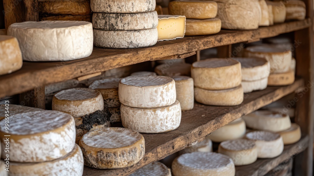 Picturesque Display of Cheese Wheels in a Rustic Market, Highlighting Textures and Colors with Natural Light for an Artisanal Feel Picturesque Display of Cheese Wheels in a Rustic Market, Highlighting Textures and Colors with Natural Light for an Artisanal Feel