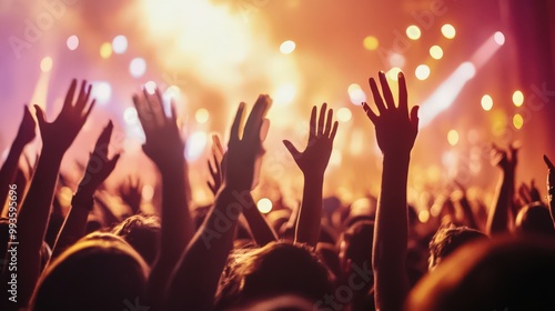 Excited Crowd at a Live Concert with Stage Lights