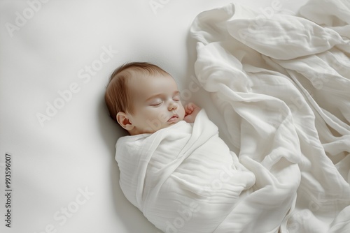 Aesthetic portrait of a sleeping newborn baby swaddled in soft fabric on a tranquil surface photo