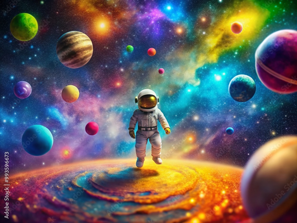 Naklejka premium Tiny Astronaut Exploring a Colorful Galaxy with Stars and Planets in a Dreamlike Space Scene