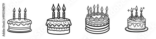 A tiered birthday cake with candles line icon for kids to color.