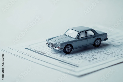 Aesthetic display of a miniature car model resting on a document at an indoor workspace