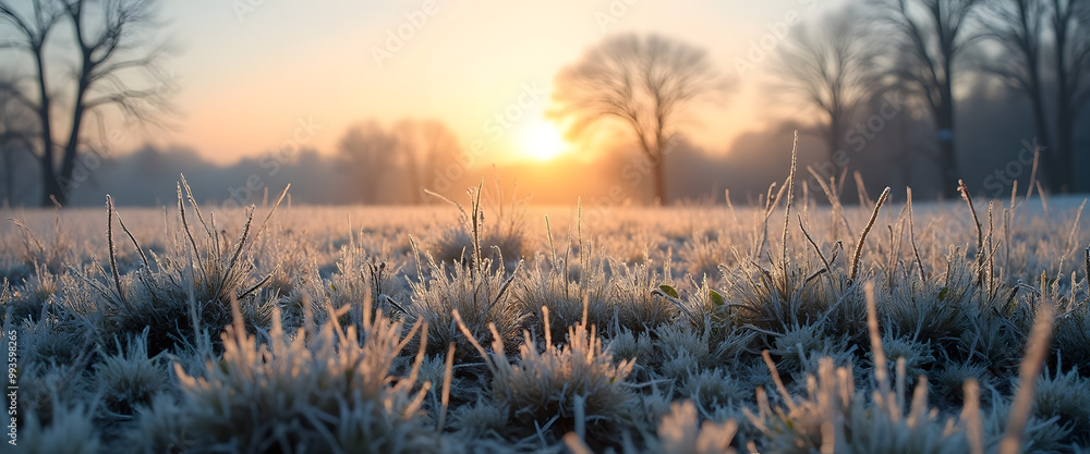 Obraz premium Frosty meadow at sunrise, Delicate frost crystals on blades of grass, Warm light breaking through the frosty sky, Silhouettes of bare trees in the background