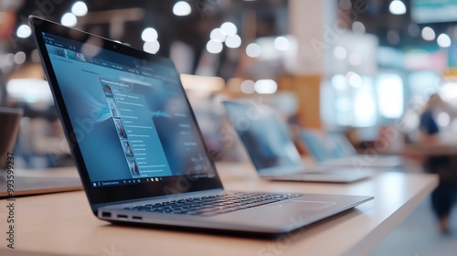 Modern laptop displayed on a table in an electronics store with blurred background, showcasing technology and shopping experience.