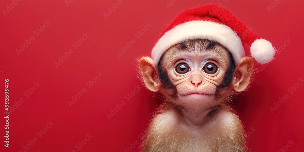 Cute little monkey wearing a Santa hat against a red background, creating a cute and festive Christmas holiday-themed image. Cute little monkey wearing a Santa hat against a red background, creating a cute and festive Christmas holiday-themed image.