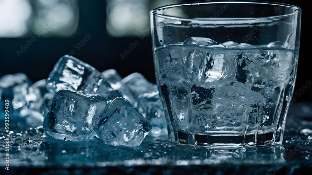 Glass of ice-cold water with ice cubes, perfect for a refreshing water advertisement, ideal for wallpaper art Glass of ice-cold water with ice cubes, perfect for a refreshing water advertisement, ideal for wallpaper art