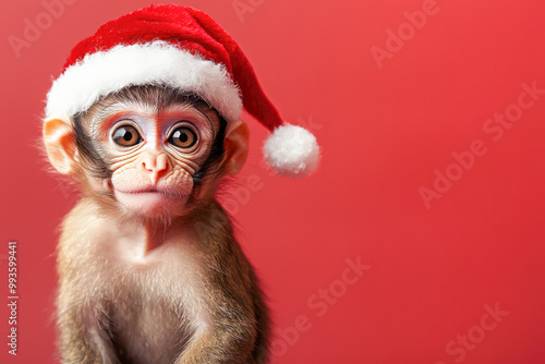 Cute little monkey wearing a Santa hat against a red background, creating a cute and festive Christmas holiday-themed image.