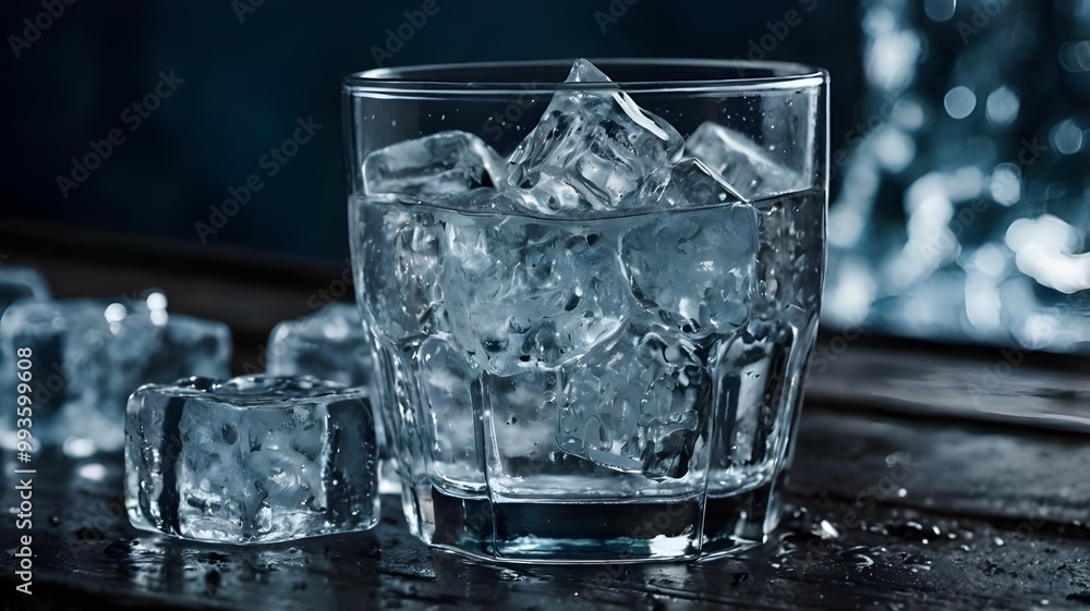Glass of ice-cold water with ice cubes, perfect for a refreshing water advertisement, ideal for wallpaper art Glass of ice-cold water with ice cubes, perfect for a refreshing water advertisement, ideal for wallpaper art