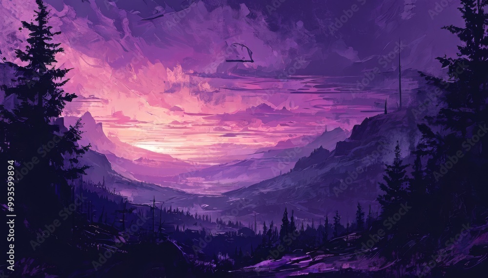 A stunning view of a mountainous valley under a purple sky at sunset, with distant peaks and a river visible. Tall pines frame the scene, giving a sense of depth and tranquility.. AI Generation A stunning view of a mountainous valley under a purple sky at sunset, with distant peaks and a river visible. Tall pines frame the scene, giving a sense of depth and tranquility.. AI Generation