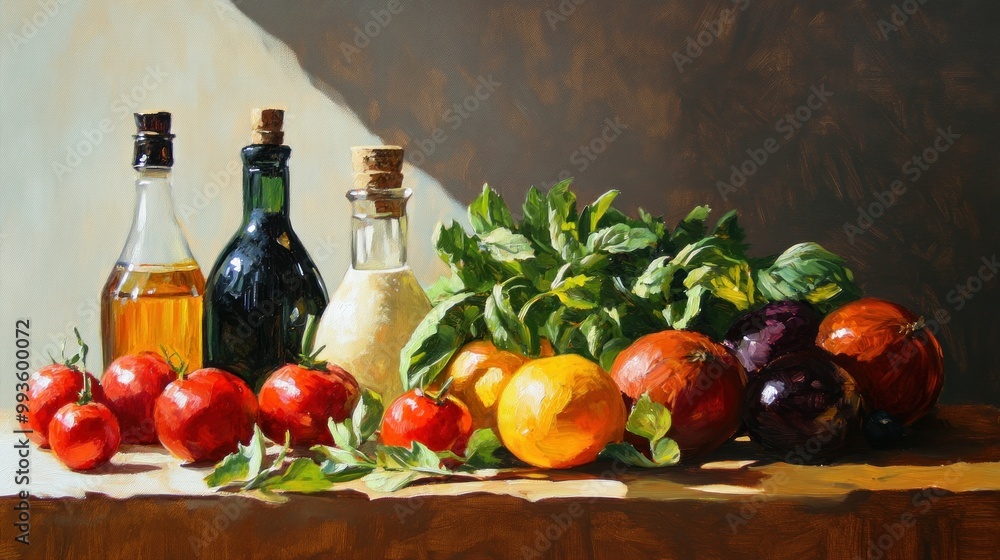 Still Life Painting of Fresh Vegetables and Bottles on Table Still Life Painting of Fresh Vegetables and Bottles on Table