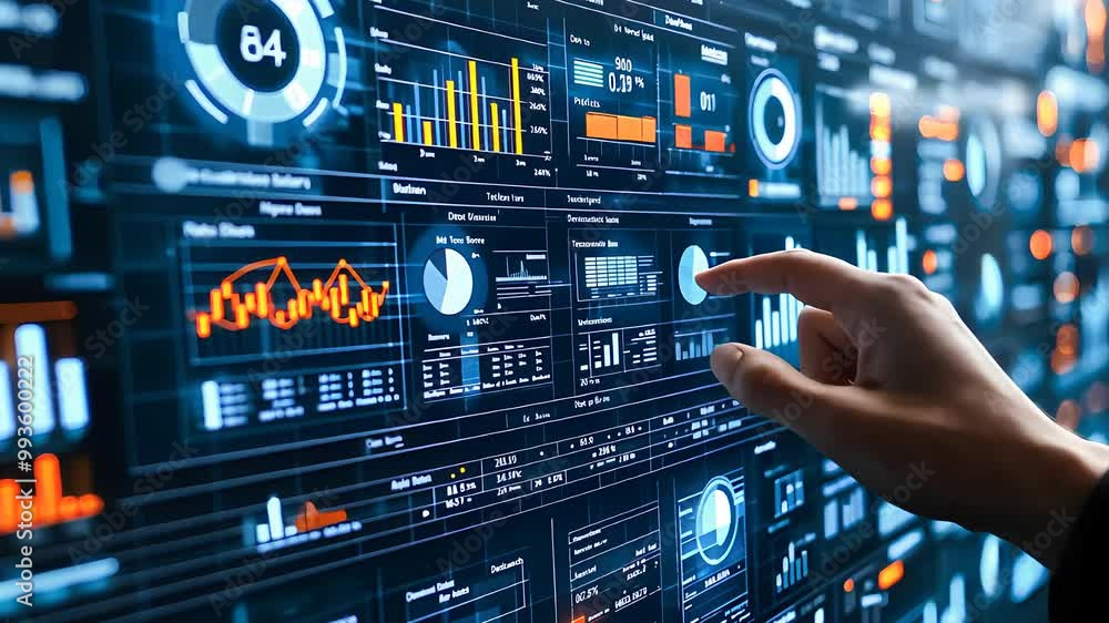 Hand interacting with digital analytics dashboard, showcasing data visualization, business intelligence, and technological innovation in analysis.
Hand interacting with digital analytics dashboard, showcasing data visualization, business intelligence, and technological innovation in analysis.