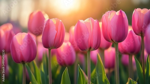 Pink Tulips Bathed in Golden Sunlight