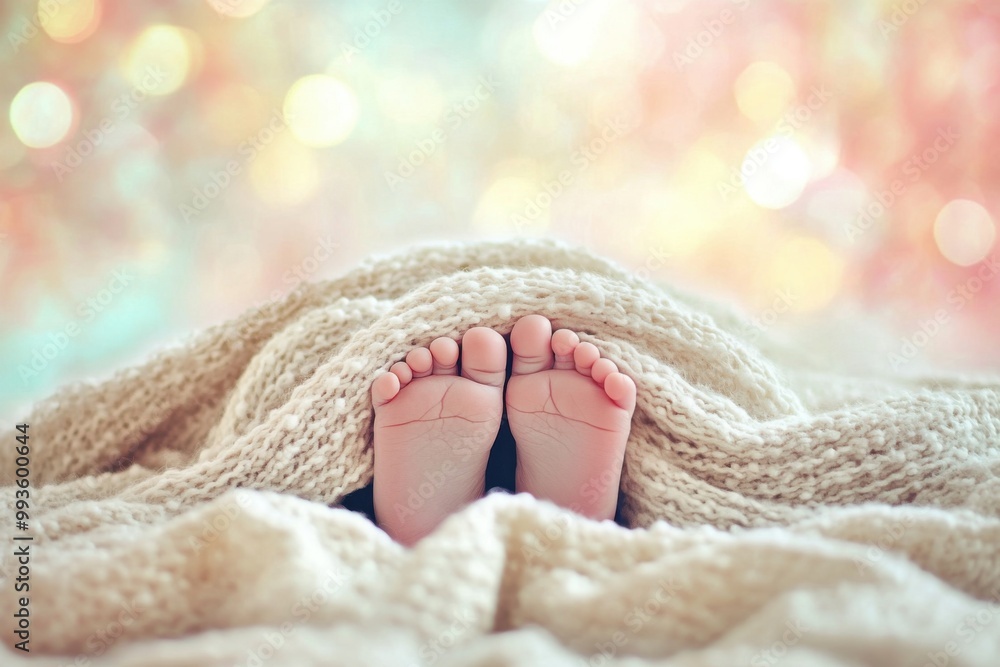 Charming tiny baby feet peeking out from a cozy blanket in a softly lit, colorful environment Charming tiny baby feet peeking out from a cozy blanket in a softly lit, colorful environment