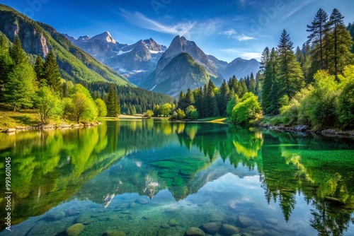 Tranquil Mountain Landscape with Lush Green Forests and a Clear Blue Sky Reflecting in Still Water