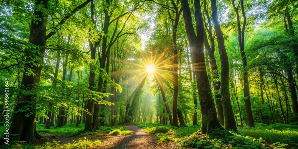 Fototapeta premium Tranquil Nature Forest Scenery with Lush Green Foliage and Sunlight Filtering Through Trees