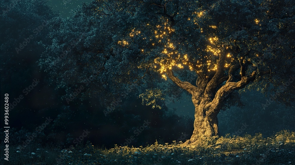 Enchanted Forest: Glowing Tree at Night Enchanted Forest: Glowing Tree at Night