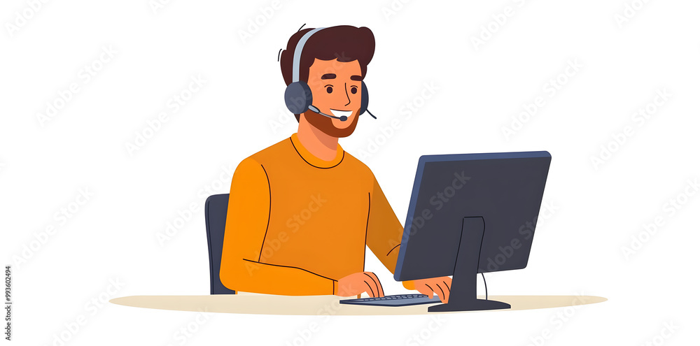 Young man working in customer service wearing a headset flat illustration isolated on background Young man working in customer service wearing a headset flat illustration isolated on background