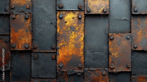 Industrial metal surface with aged, rusty plates and bolts, showcasing a rugged, textured design ideal for backgrounds, steampunk themes, and vintage industrial aesthetics