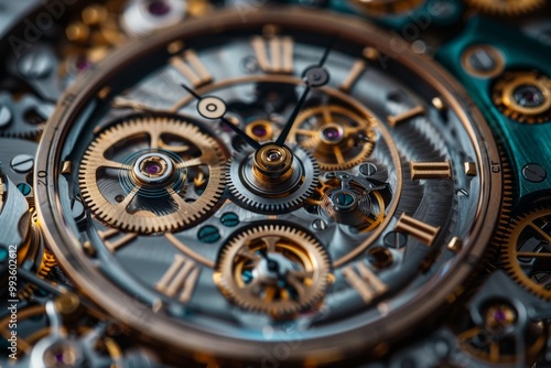 Close up of vintage self winding watch mechanism macro view of hands and internal components