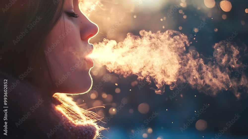 A young woman exhales a plume of breath on a cold winter day. The sun shines brightly behind her, casting a warm glow on the scene. A young woman exhales a plume of breath on a cold winter day. The sun shines brightly behind her, casting a warm glow on the scene.
