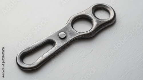 Classic metallic bottle opener on a clean white backdrop, soft grey table texture below, clear details, room for text, minimalist composition