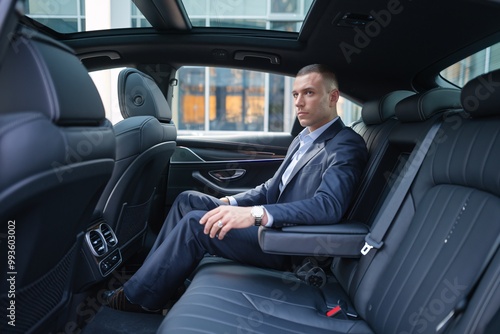 Executive in Luxury Sedan: A businessman sits comfortably in the backseat of a modern luxury sedan, enjoying a serene ride. The image conveys elegance, success, and high-end travel.