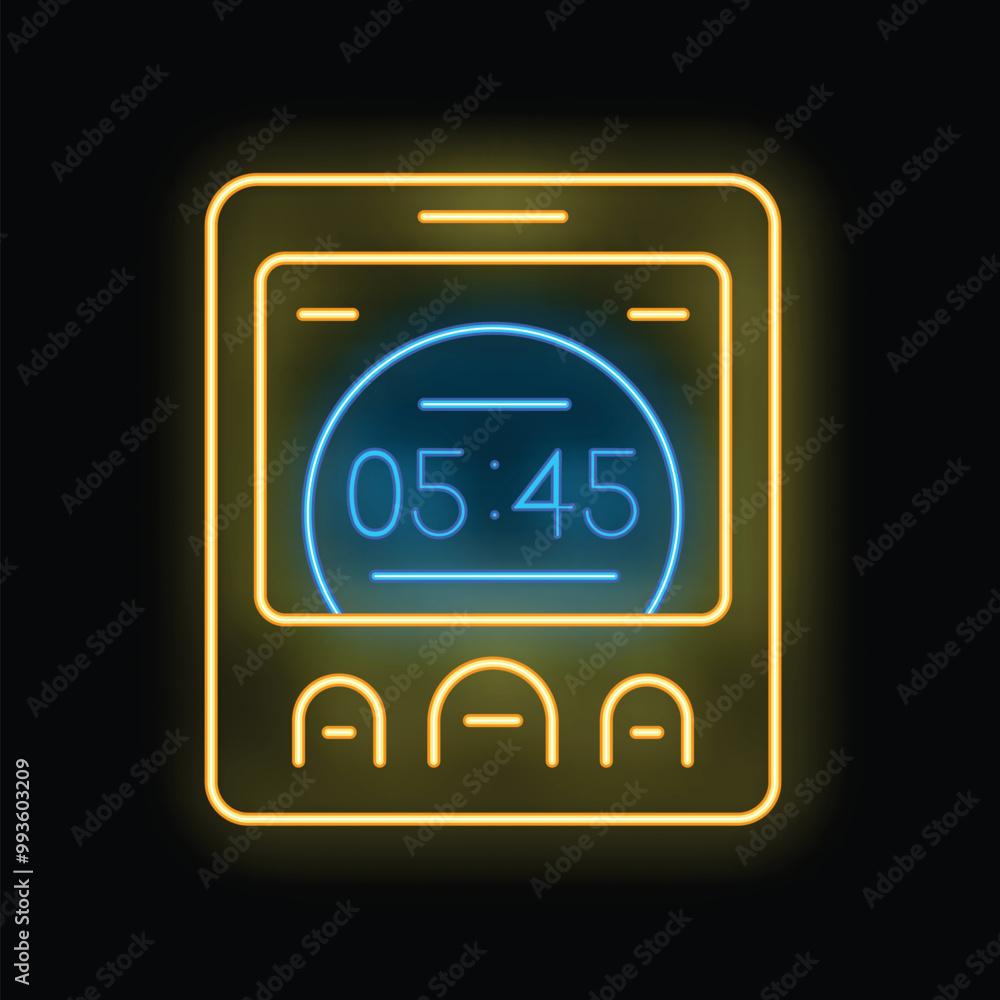 Glowing neon line alarm clock app smartphone interface icon isolated on black background Glowing neon line alarm clock app smartphone interface icon isolated on black background