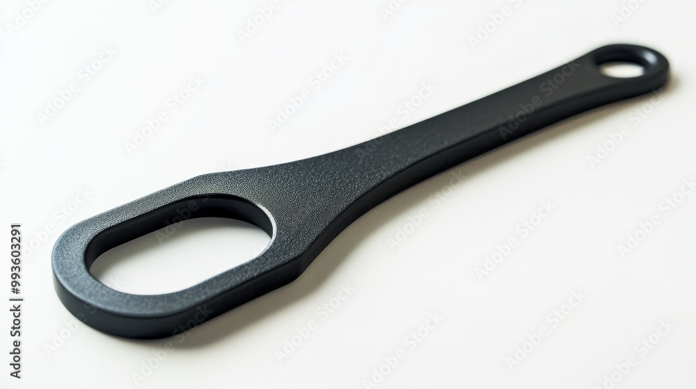 Close-up of a black matte bottle opener with modern design, sharp focus, isolated on white, soft shadows, ample blank space for text overlay Close-up of a black matte bottle opener with modern design, sharp focus, isolated on white, soft shadows, ample blank space for text overlay