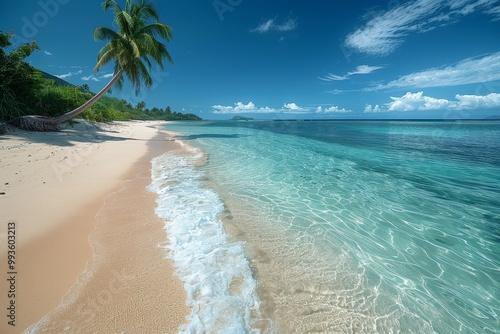 Fototapeta Naklejka Na Ścianę i Meble -  Palm tree arching over calm tropical beach with clear waters and soft white sand in rarotonga