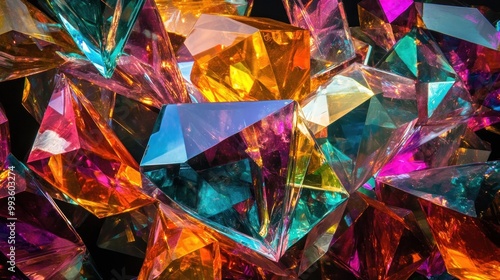 A vibrant collection of colorful, faceted crystals reflecting light.