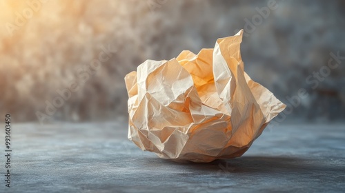 Close-up of a crumpled paper ball on a grey matte tabletop, intricate detail of the paper's texture and shadows, with soft lighting photo