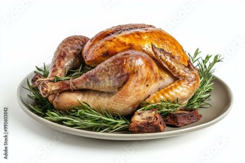 Roasted turkey served on a plate with rosemary and herbs.